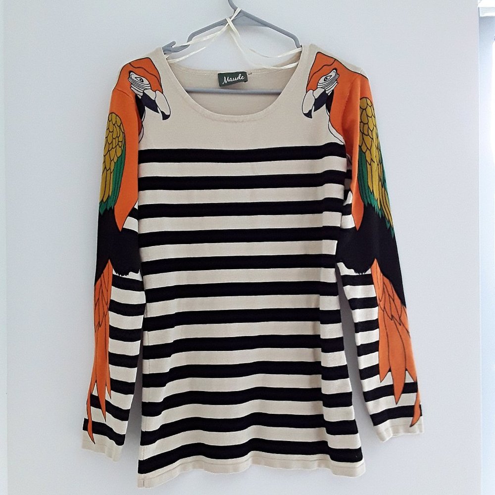Maude Whimsical Parrot Striped Pullover Sweater